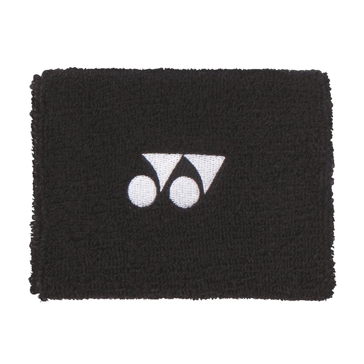 The Yonex AC492 Wristband - Black, created by Yonex, is a court-ready sweatband crafted from textured terry cloth, featuring a distinctive white logo with two circles and a triangle.