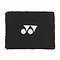 The Yonex AC492 Wristband - Black, created by Yonex, is a court-ready sweatband crafted from textured terry cloth, featuring a distinctive white logo with two circles and a triangle.