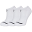 Three pairs of the Babolat Invisible Badminton Trainer Socks in white are displayed, designed for comfort. Each sock features a small black logo near the cuff and black text on the toe. The breathable fabric ensures they're perfect for high-energy games, and they are neatly aligned in a row.