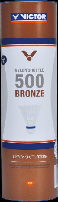 The cylindrical packaging of the Victor 500 Nylon Badminton Shuttlecocks highlights durability with a white and brown design that prominently features "Victor" and "500 Nylon" at the center. Ideal for training sessions, each set contains six dependable nylon shuttlecocks.
