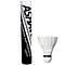 A tube labeled "Ashaway Premier 300 Feather Shuttles" prominently features the bold Ashaway brand name alongside a single shuttlecock, celebrated for its durability and intricate feathered design. Its goose feather construction and cork base are elegantly displayed against a white backdrop.