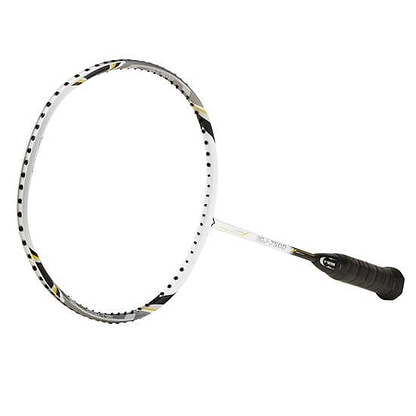 The Victor GJ-7500 Junior Badminton Racket from Victor features a white frame highlighted with black and gold accents, offering an elegant contrast. Its handle is wrapped in black grip tape, ensuring enhanced comfort. This sleek carbon racket gracefully stands out against the clean, white backdrop.