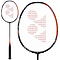 The Yonex Astrox 77 Pro 4U badminton racket, presented in a striking high orange color, features the Yonex logo prominently on its strings. It includes a detailed grip, an oval-shaped head, and incorporates ISOMETRIC technology for improved performance.