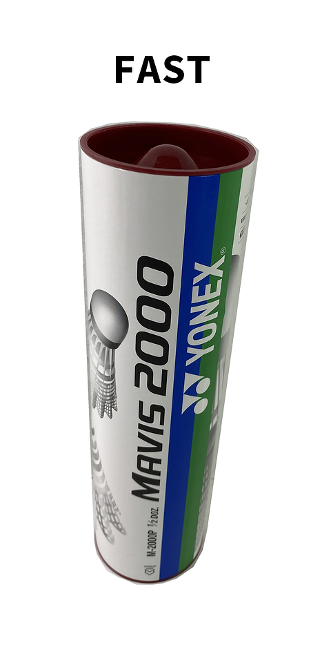 A cylindrical container of Yonex Mavis 2000 Badminton Nylon Shuttles, known for their durability, features a white, green, and blue design with the word "FAST" prominently displayed above.