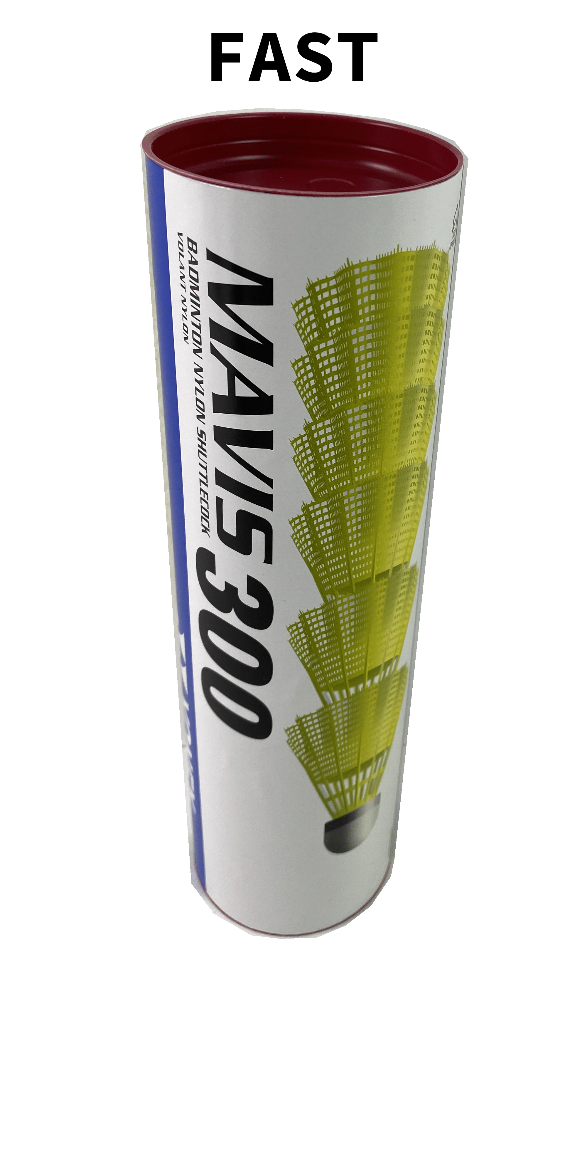 The cylindrical package of the Yonex Mavis 300 Badminton Nylon Shuttles features an image of multiple yellow shuttlecocks, with "FAST" prominently displayed, indicating its durable design suitable for intense play.