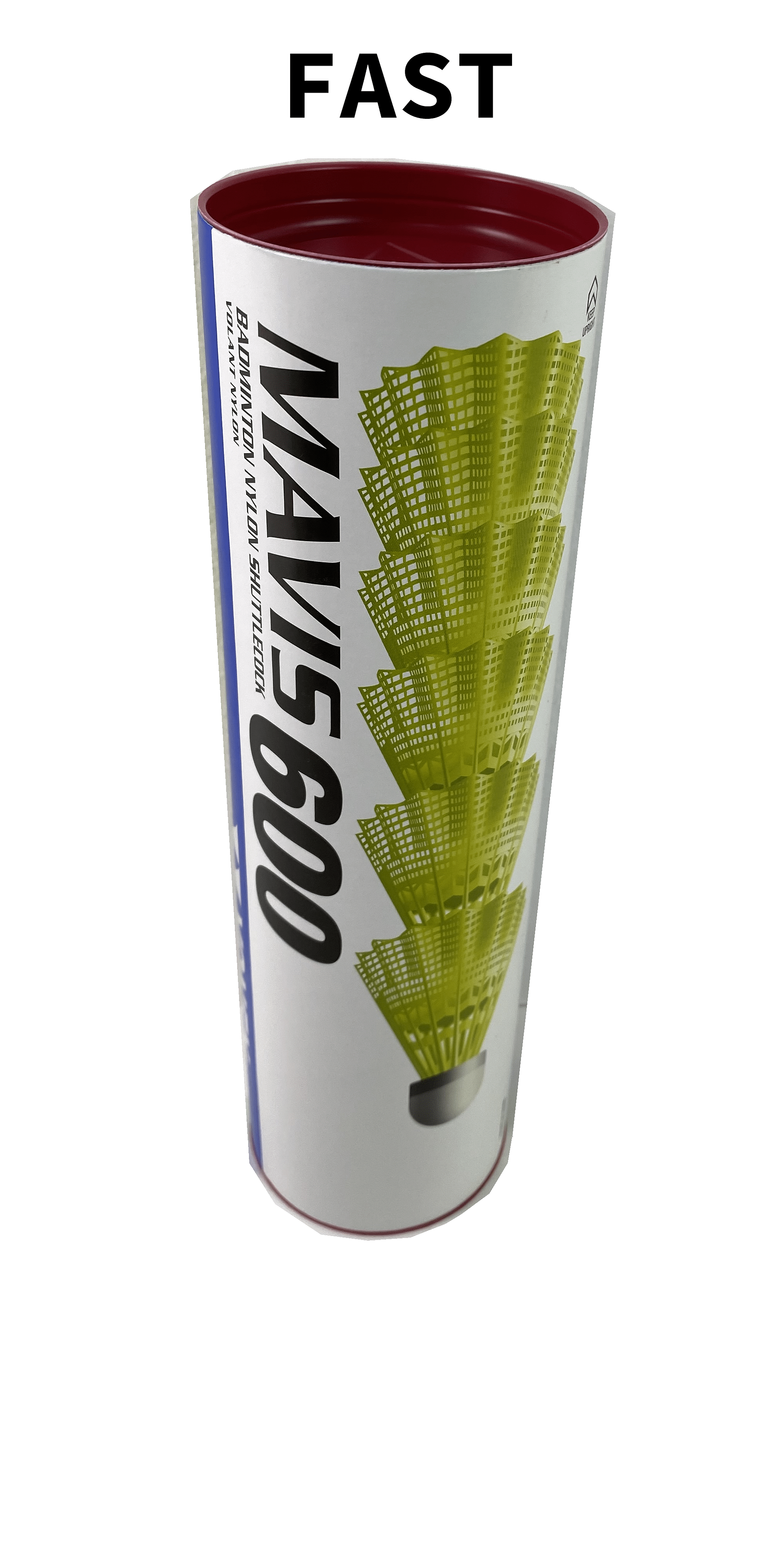 A cylindrical container branded with "Yonex" displays an image of yellow nylon shuttlecocks stacked vertically. The Yonex Mavis 600 Badminton Nylon Shuttles, a set of 6, feature Wing Rib Technology with the word "FAST" boldly printed at the top.