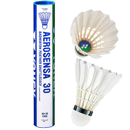 The Yonex Aerosensa AS30 Badminton Feather Shuttles, available in a set of 12, are designed with premium materials for improved flight stability. They come packaged in an elegant blue and white tube displaying "Aerosensa 30." The shuttlecocks are white and feature a distinct green and blue cap.