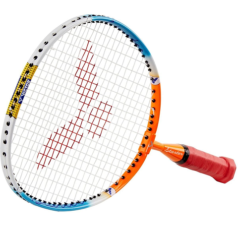 The Victor Starter Junior Badminton Racket - Orange Blue by Victor is displayed against a white background. This racket features a drop-shaped head and robust Lawntex stringing, along with an orange and blue frame accented by a red grip and logo on the strings.