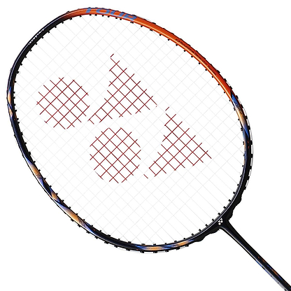 A detailed look at the Yonex Astrox 77 Pro 4U Badminton Racket - High Orange reveals its striking orange and black frame. Featuring a triangular string pattern in red, the racket utilizes Namd graphite material to deliver superior performance, while the ISOMETRIC technology expands the sweet spot for improved play.