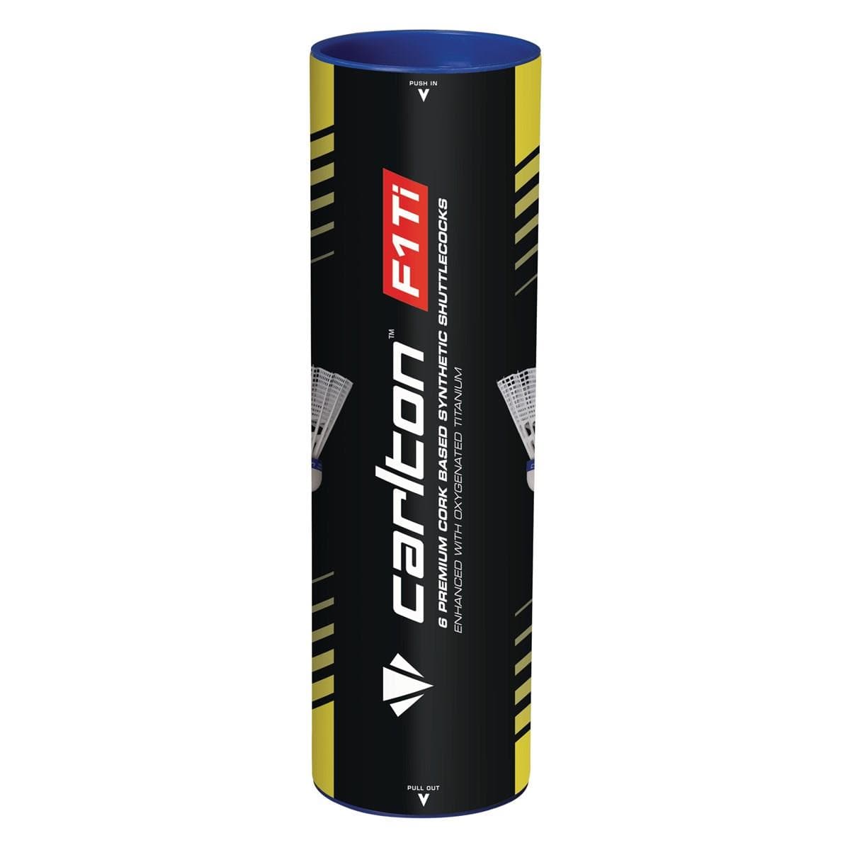 The Carlton F1 Ti White Medium Badminton Nylon Shuttles, packaged in a cylindrical tube of six shuttlecocks, feature a natural cork base and oxygenated titanium for enhanced durability. The packaging sports a sleek black, yellow, and blue design with crisp white text displaying the Carlton branding and product information.