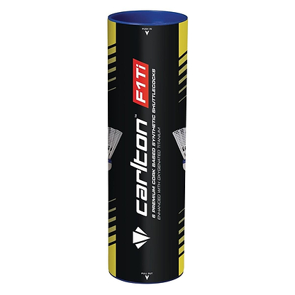 The Carlton F1 Ti White Medium Badminton Nylon Shuttles, packaged in a cylindrical tube of six shuttlecocks, feature a natural cork base and oxygenated titanium for enhanced durability. The packaging sports a sleek black, yellow, and blue design with crisp white text displaying the Carlton branding and product information.