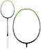 The Li-Ning Lightning 3000 Badminton Racket in green and purple, featuring a white grip, is displayed against a white background. The detailed view of the racket's head highlights its string pattern and frame design, engineered to support maximum tension for enhanced performance.