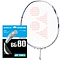 A Yonex badminton racket with a white frame and red strings is positioned beside a Yonex BG 80 Badminton String packet, featuring "Repulsion Power" and "Hard Feeling," attributed to its multifilament core and high-modulus Vectran fiber construction.