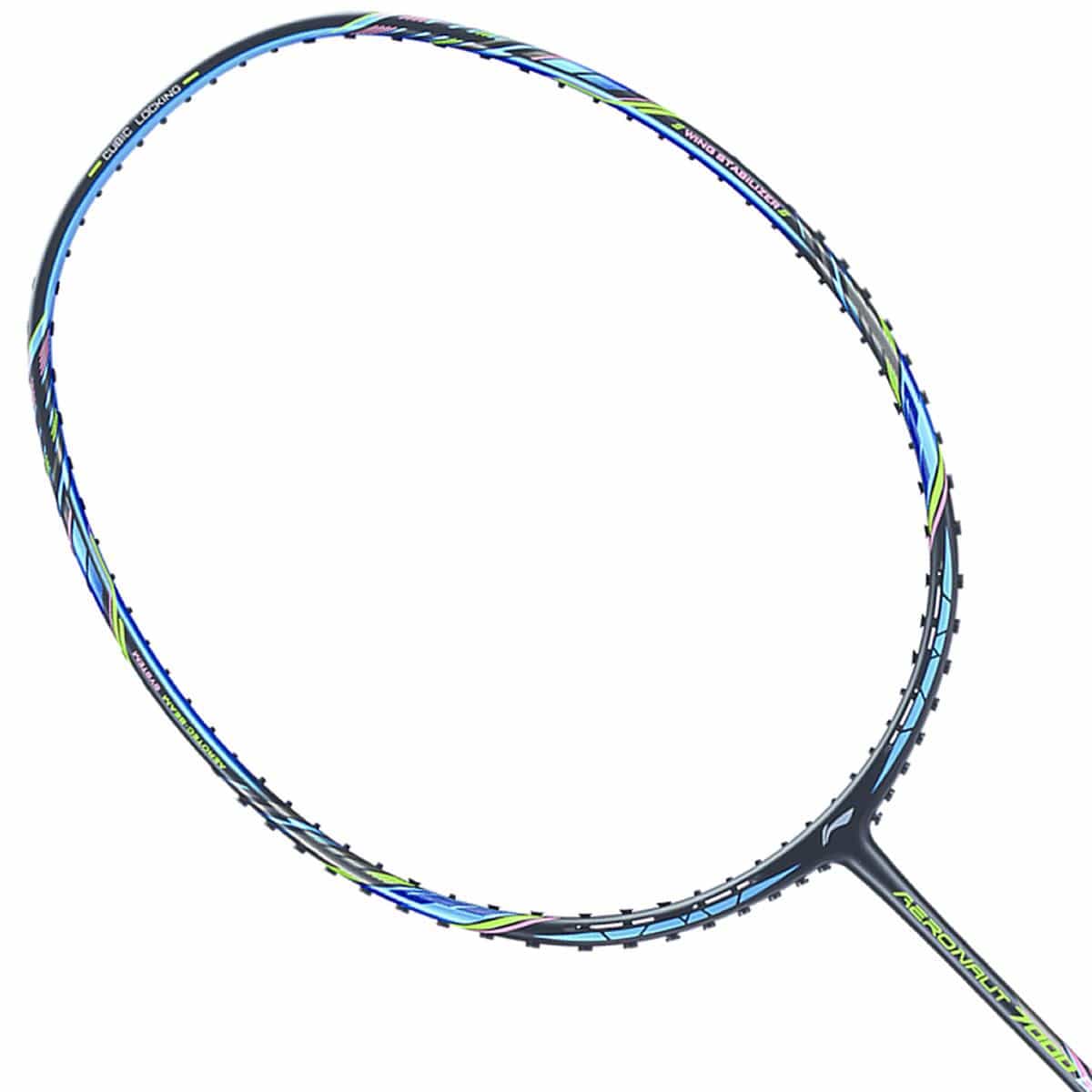 The Li-Ning Aeronaut 7000 Boost Badminton Racket features a sophisticated black and blue frame with strings, accented by green highlights. Its diagonal orientation emphasizes a contemporary design that improves precision and control for all players.