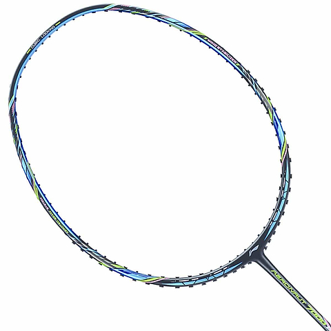 The Li-Ning Aeronaut 7000 Boost Badminton Racket features a sophisticated black and blue frame with strings, accented by green highlights. Its diagonal orientation emphasizes a contemporary design that improves precision and control for all players.
