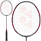 The Yonex Arcsaber 11 Pro 3U Badminton Racket in Greyish Pearl features a black grip and red accents on its frame. Equipped with a control assist bumper, the string bed displays a red logo design. The image highlights the ISOMETRIC Enlarged Sweet Spot while showcasing both the racket's head and full view to emphasize its detailed design.