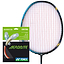 Displayed is a badminton racket strung with Yonex AeroBite strings in red and white, next to a "Badminton Control" packet that emphasizes its hybrid stringing. The packet showcases an image of the strings and describes them as having a "Medium Feeling.