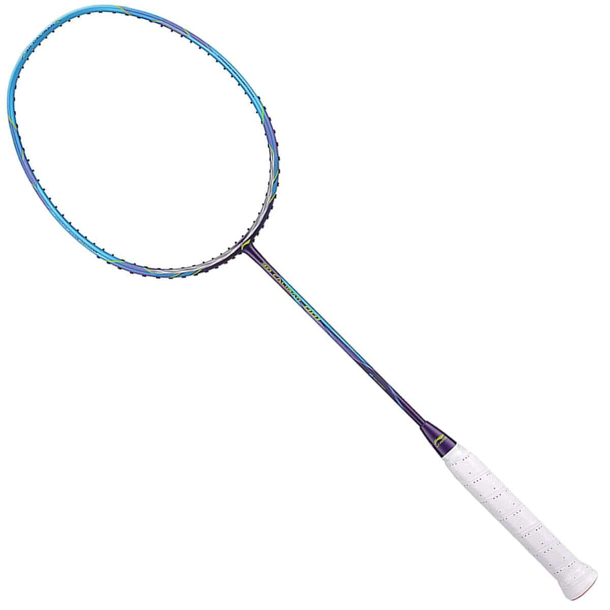 The Li-Ning 3D Calibar 001 Drive Badminton Racket in Blue Purple features a striking blue and purple frame with a white grip handle. As a head-heavy racket, it boasts tightly woven strings for rapid head speed, presented slightly angled to the right against a plain white background.