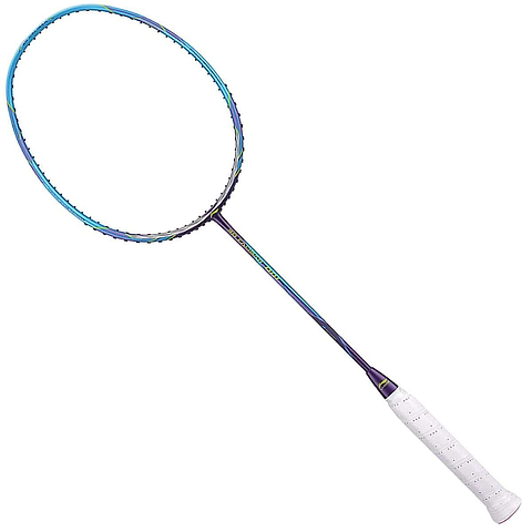 The Li-Ning 3D Calibar 001 Drive Badminton Racket in Blue Purple features a striking blue and purple frame with a white grip handle. As a head-heavy racket, it boasts tightly woven strings for rapid head speed, presented slightly angled to the right against a plain white background.