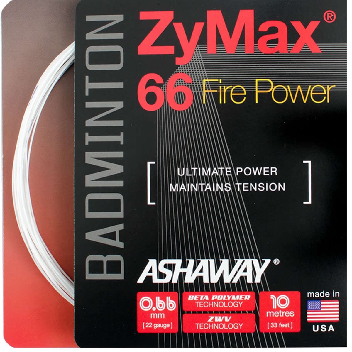 Close-up of the Ashaway Zymax 66 Fire Power badminton string package in white, prominently featuring phrases like "Ultimate Power Maintains Tension." This product has specifications of 0.66 mm thickness and a length of 10 meters, expertly crafted in the USA by Ashaway for exceptional performance.