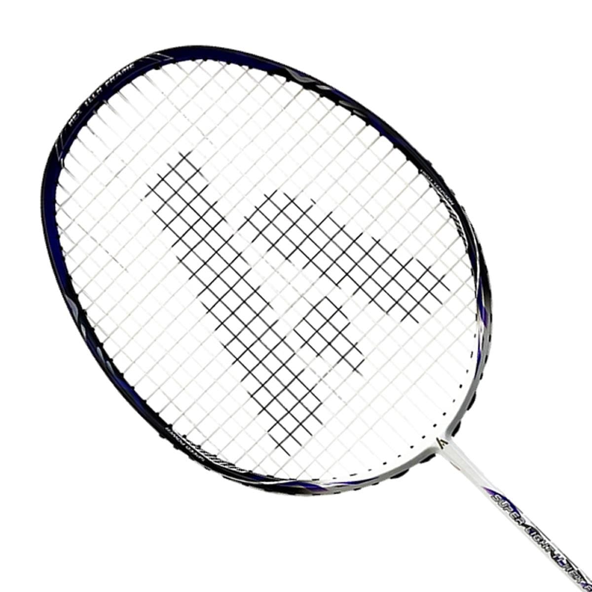 Close-up of the Ashaway Superlight 11 Hex Badminton Racket in White Blue, showcasing its superlight frame and white strings. The racket, designed with advanced aerodynamics, features a dark outline and diagonal lines in the string pattern.