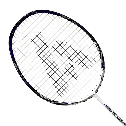 Close-up of the Ashaway Superlight 11 Hex Badminton Racket in White Blue, showcasing its superlight frame and white strings. The racket, designed with advanced aerodynamics, features a dark outline and diagonal lines in the string pattern.
