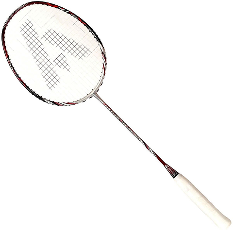 Introducing the Ashaway Superlight 7 Hex Badminton Racket in Silver Red, featuring a white grip and a red, black, and white frame. Enhanced with graphite layers and Hex Frame technology, this racket offers tightly strung strings for a sleek, lightweight build that ensures optimal performance.