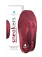 A pair of red Shoestring Famaco Anatomic Insoles, crafted with memory foam for ultimate comfort, are displayed beside their packaging. The box showcases its features: "Sneakers anatomic memory, thermoformée, semelle avec memory foam," underlining the unique design of these specialized insoles.