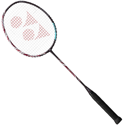 The Yonex Astrox 100 Game 3U Kurenai Badminton Racket - Red boasts a black frame complemented by red and white strings, along with a black grip handle. Its head-heavy design is ideal for delivering powerful steep attacks, offering players exceptional power on the court.