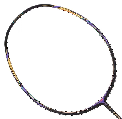 A close-up of the Li-Ning Aeronaut 9000 Instinct Badminton Racket highlights its dynamic-optimum frame featuring a sleek black design with vibrant purple and gold accents. The wing stabilizer optimizes its smooth, aerodynamic shape for high performance. The frame is shown without strings attached.