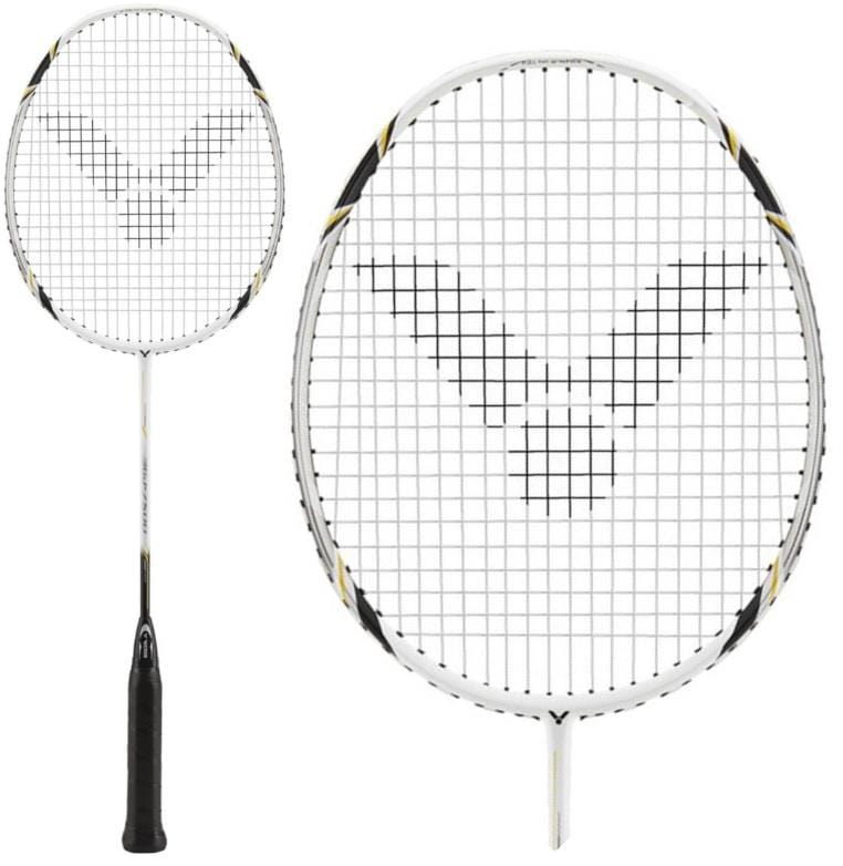 Two views of the Victor GJ-7500 Junior Badminton Racket – White, by Victor, showcasing its sleek black handle and white frame. The carbon racket's strings form a stylized wing design. One view highlights the complete junior badminton racket, while the other focuses on its distinctive head.