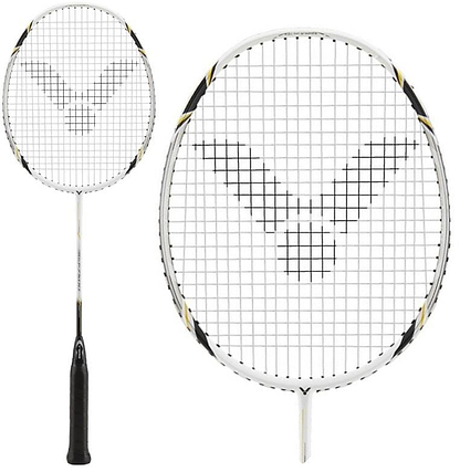 Two views of the Victor GJ-7500 Junior Badminton Racket – White, by Victor, showcasing its sleek black handle and white frame. The carbon racket's strings form a stylized wing design. One view highlights the complete junior badminton racket, while the other focuses on its distinctive head.