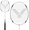 Two views of the Victor GJ-7500 Junior Badminton Racket – White, by Victor, showcasing its sleek black handle and white frame. The carbon racket's strings form a stylized wing design. One view highlights the complete junior badminton racket, while the other focuses on its distinctive head.