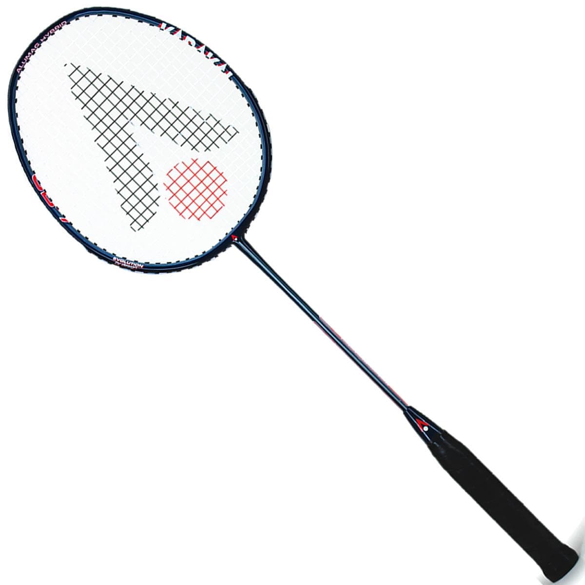 The Karakal CB-7 Badminton Racket from Karakal, known for its isometric head shape, features a navy blue handle and a dark frame, adorned with a red logo on the stringed area. The design includes black grid lines and a circular red pattern against a white background. Its PU Super grip ensures comfort during play.