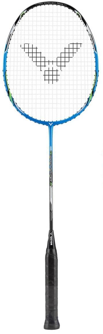The Victor Thruster Light Fighter 30 F Badminton Racket by Victor is a blue and black power racket featuring high modulus graphite construction. It has a grid string pattern and a black grip handle. The sleek design includes green accents near the top of the shaft, making it ideal for enhancing your game.