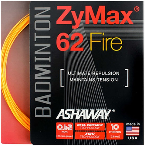 Close-up of an Ashaway Zymax 62 Fire badminton string package, showcasing the label "Ultimate Repulsion, High Performance Playability." The image displays an orange string with specifications including a diameter of 0.62 mm, a length of 10 meters, and its origin in the USA.