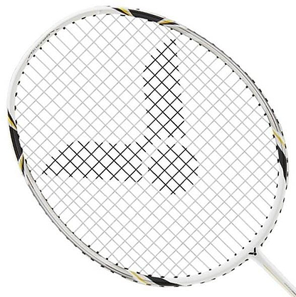 A close-up image of the Victor GJ-7500 Junior Badminton Racket showcases its elegant white frame with striking black and yellow accents. The strings are arranged in a meticulous grid pattern on this sophisticated carbon racket, specifically crafted for junior players, all set against a simple white background.