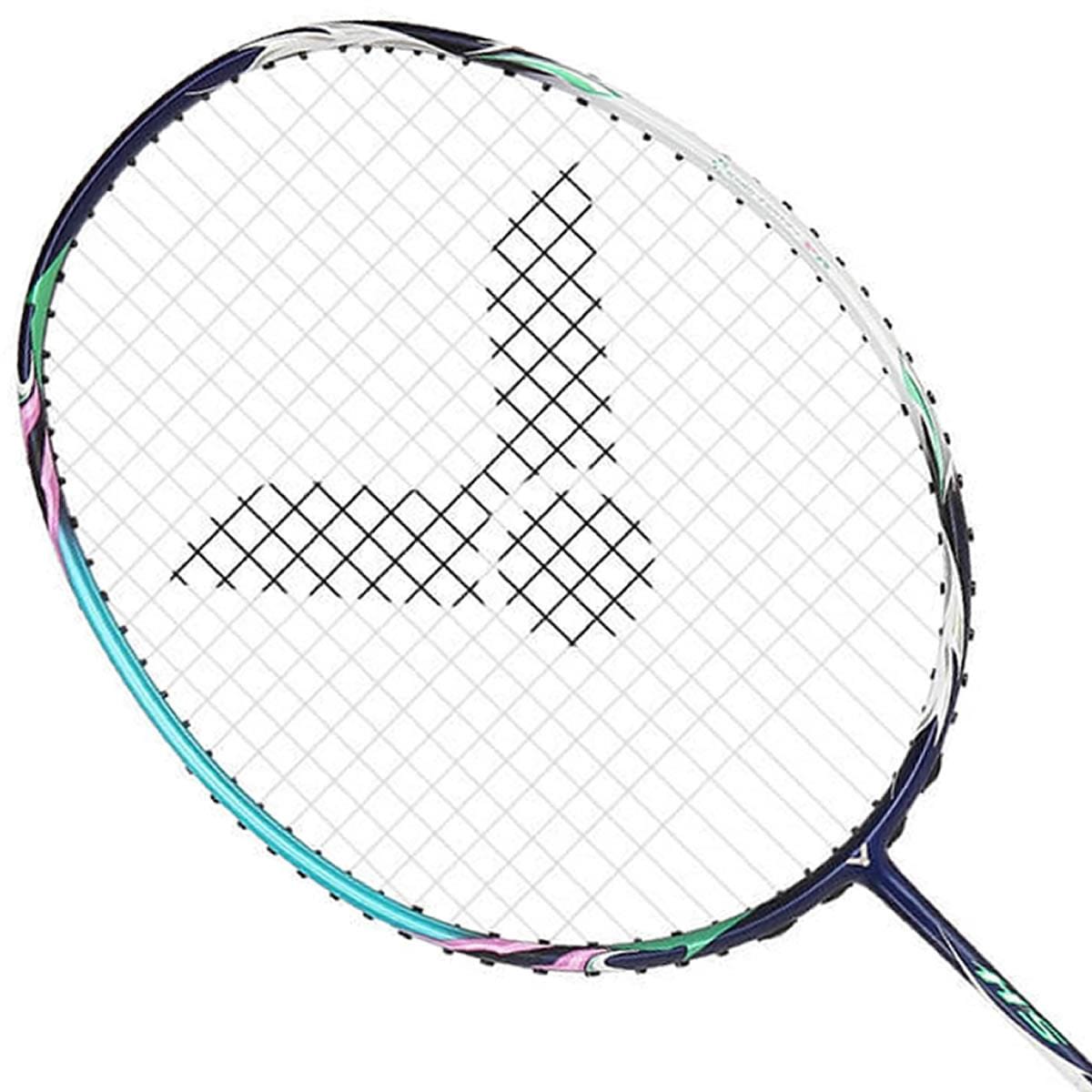 The Victor Auraspeed HS B Badminton Racket - Blue boasts a vibrant multicolored frame, combining shades of blue, green, and pink. Its sleek and aerodynamic build incorporates Nano Fortify SR technology for enhanced precision and agility. The strings are adorned with a logo pattern, making it an excellent choice for dynamic doubles play.