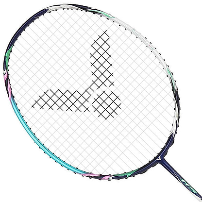 The Victor Auraspeed HS B Badminton Racket - Blue boasts a vibrant multicolored frame, combining shades of blue, green, and pink. Its sleek and aerodynamic build incorporates Nano Fortify SR technology for enhanced precision and agility. The strings are adorned with a logo pattern, making it an excellent choice for dynamic doubles play.