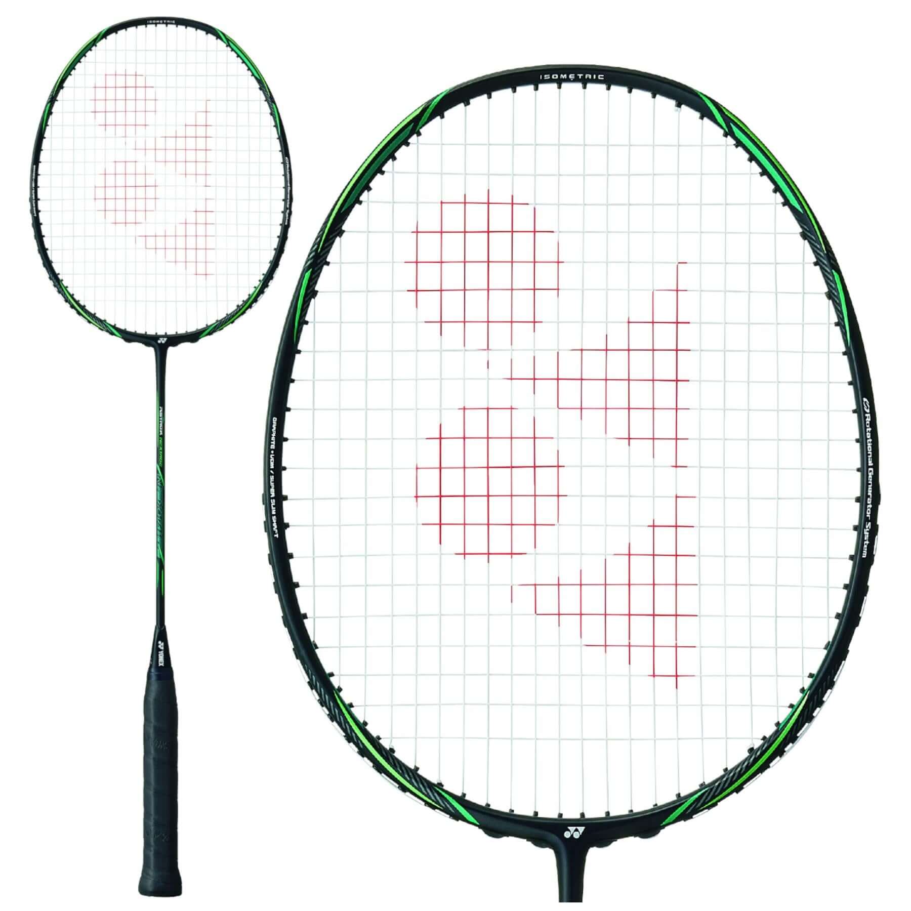 A close-up of a Yonex Astrox Nextage 4U badminton racket in Black/Green, ideal for club-level players.
