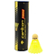 Standing upright is a tube marked "Carlton T800 Yellow Medium Badminton Nylon Shuttles," which accompanies a yellow synthetic shuttlecock featuring a cork tip. The tube features a black and yellow design, ideal for club use, highlighting its durability and exceptional flight quality.