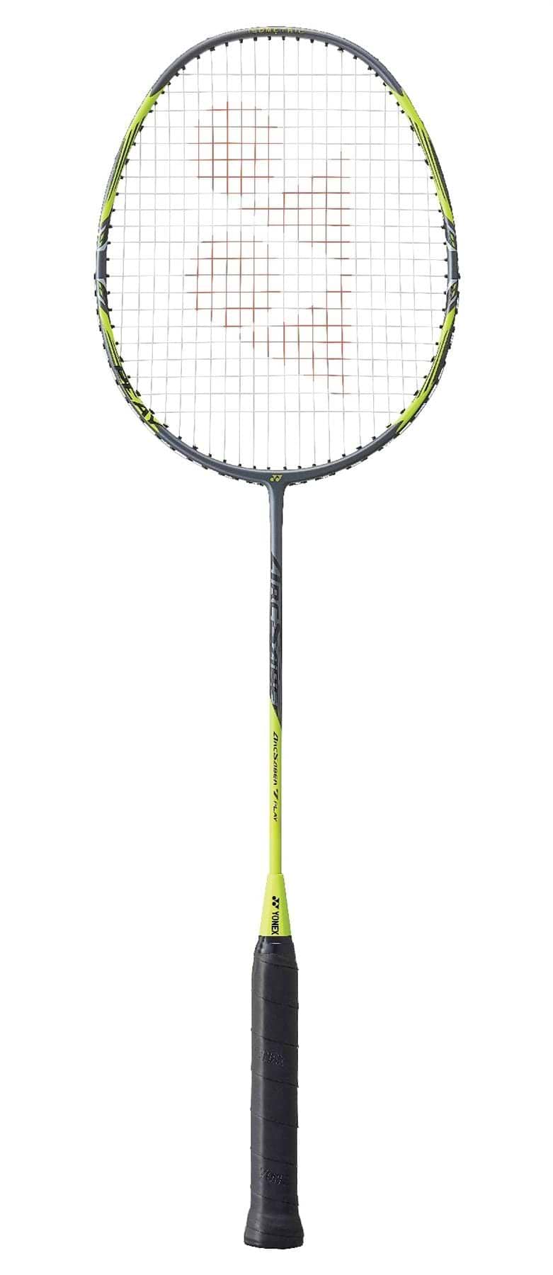 An image of the Yonex Arcsaber 7 Play 4U badminton racket showcases a black handle and a metallic grey frame with yellow accents. Its isometric frame, reinforced with CS Carbon Nanotubes, features a grid pattern in the strings.