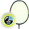 Displayed alongside the Yonex badminton racket with a circular yellow grid pattern is the Yonex BG 80 Badminton String in Yellow, available in a 0.68mm thickness on a 200m reel. The packaging emphasizes the string's ability to deliver high repulsion power and a hard feeling, underscoring its superior quality for optimal performance.