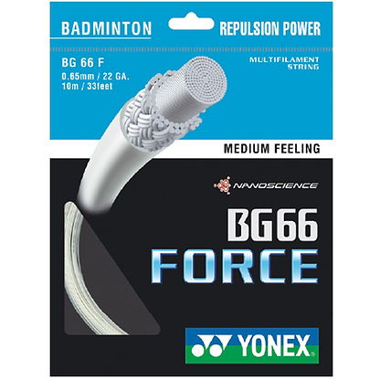 The packaging of the Yonex BG 66 Force Badminton String - 0.65mm White 10m Packet by Yonex highlights a white nylon composite string well-known for its exceptional repulsion power. The packaging prominently features "NANOSCIENCE" and "BG 66 F," with a thin gauge measuring 0.65 mm and a length of 10 meters (33 feet), offering a medium feeling.