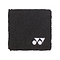 The Yonex AC493 Wristband in black is ideal for on-court activities, showcasing a small white logo in the corner against a plain white backdrop. Its soft and absorbent texture makes it the perfect sports accessory.