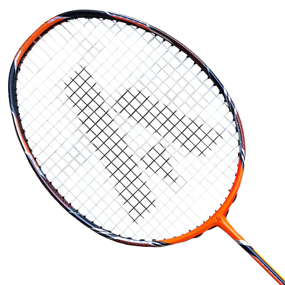 The Ashaway Phantom X Fire II Badminton Racket in orange and black, highlighted by the cutting-edge Phantom Airflow System and showcasing a white string pattern on the racket head, is set against a crisp white background.