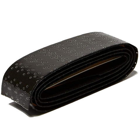 A coiled black leather belt with small holes evenly spaced across its surface lies flat on a white background, highlighting its smooth texture and glossy appearance similar to that of a Yonex AC139EX Twin Wave Grap Badminton Overgrip.