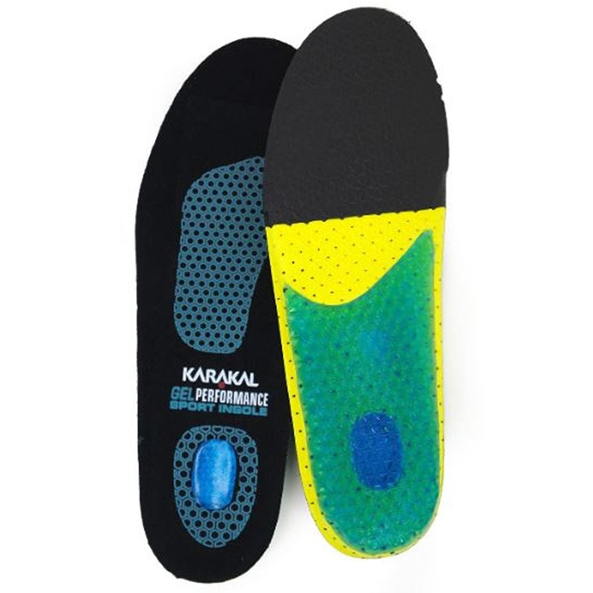 A pair of Karakal Sports Performance Insoles features a vibrant blend of black, blue, yellow, and green colors. One insole prominently displays the Karakal brand name and text, while the other highlights its colorful padded surface. These insoles are designed to provide superior comfort and support for athletes.