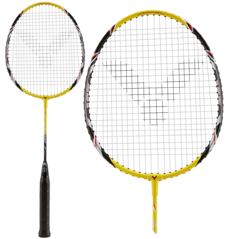 Displayed in two angles, you can see the Victor AL-2200 Kiddy Junior Badminton Racket, featuring a sleek black grip and vibrant yellow frame. The head showcases a stylish black and white pattern on the strings. This racket is ideal for young beginners embarking on their badminton journey.