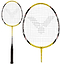 Displayed in two angles, you can see the Victor AL-2200 Kiddy Junior Badminton Racket, featuring a sleek black grip and vibrant yellow frame. The head showcases a stylish black and white pattern on the strings. This racket is ideal for young beginners embarking on their badminton journey.